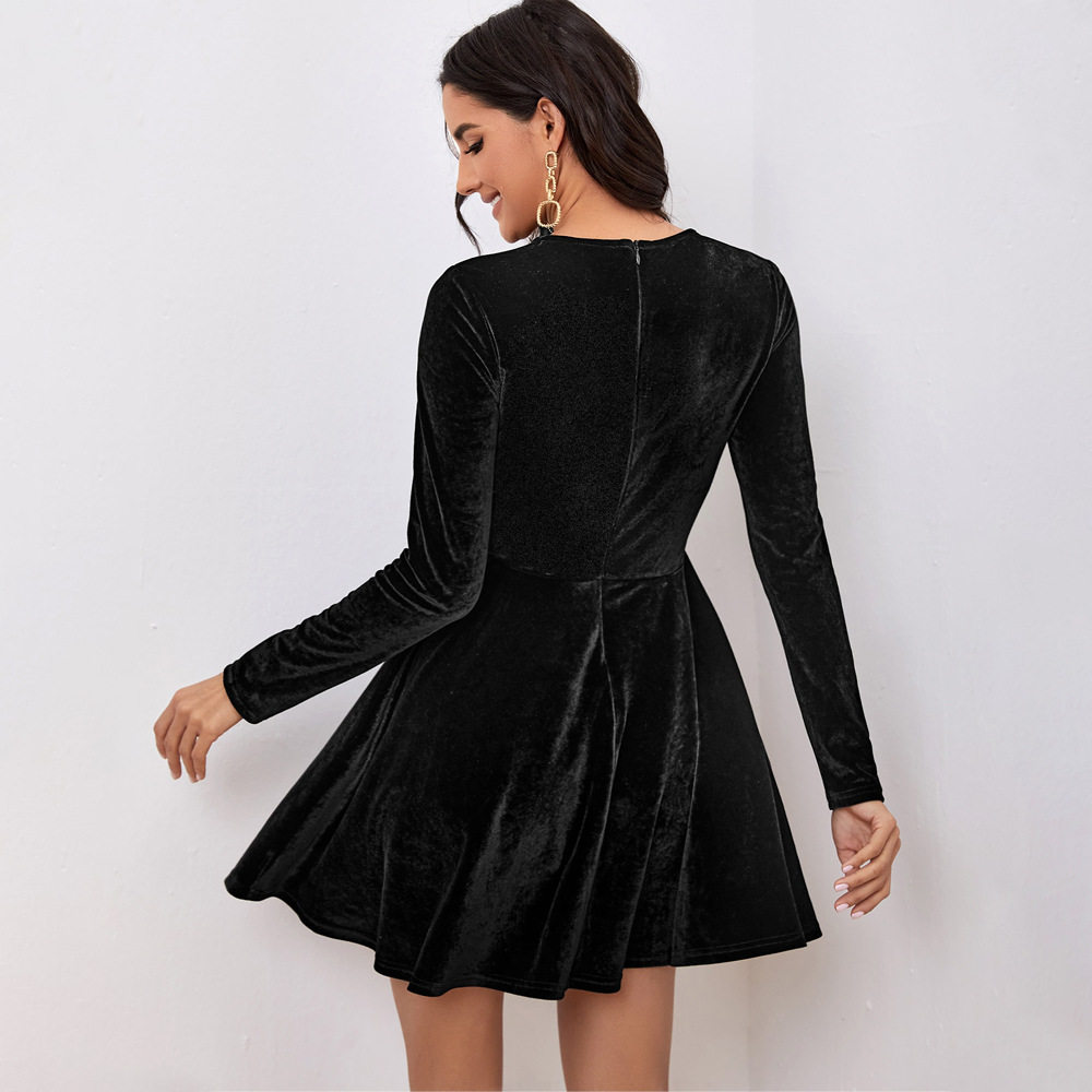 Velvet A Line Dress Round Neck Long Sleeve Elegant Design Autumn Winter Fashion Wholesale Available