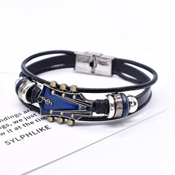 European and American Zinc Alloy Music Guitar Leather Bracelet Flag Color Oil Dropping Stainless Steel Buckle Braided Leather Bracelet