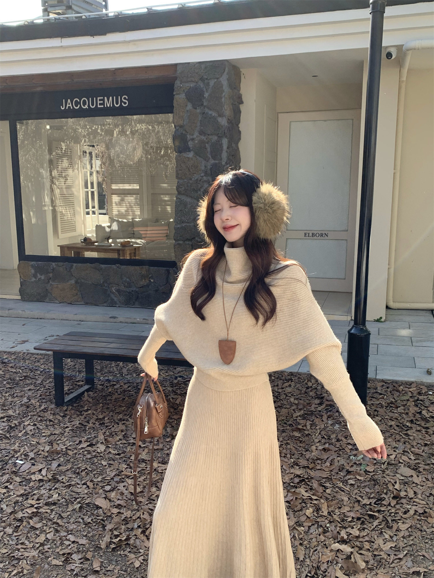 Gentle Apricot-Colored Stacked Collar Knit Top Women's Winter Slimming Flared Skirt Half Skirt Elegant Two-Piece Set
