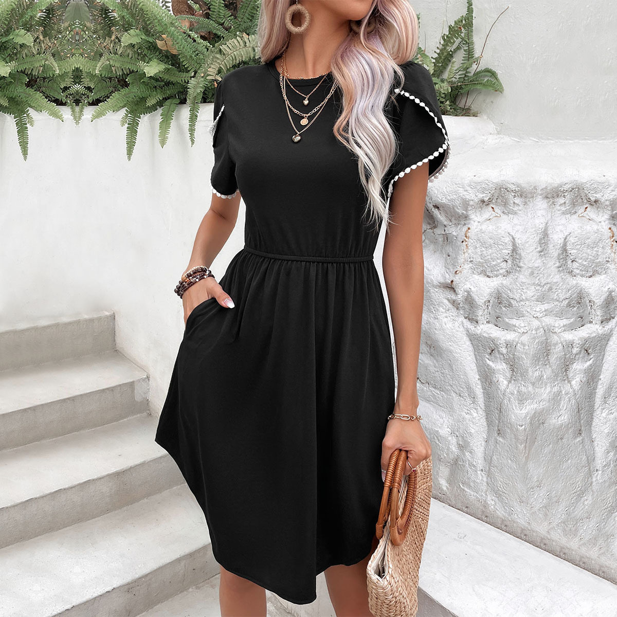 Womens Black T Shirt Dress Sweet and Simple Design Round Neck Lace Trim Short Sleeves Casual Wear Ready to Ship
