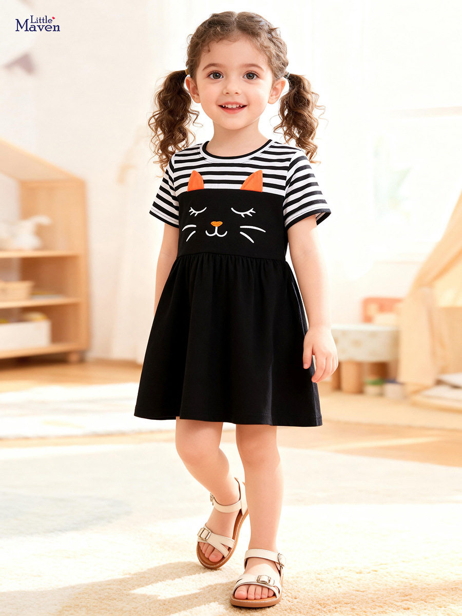 Girls' Summer Cute Cat Dress Wholesale from Factory, Style Striped Short-Sleeve Dress