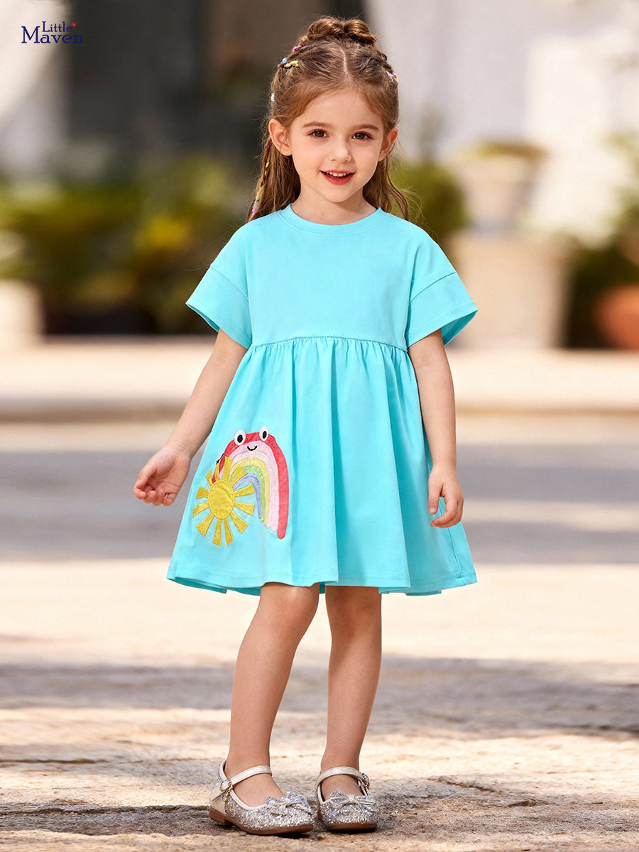Girls' Cute Rainbow Short-Sleeve Dress, Summer Cotton Kids' Dress