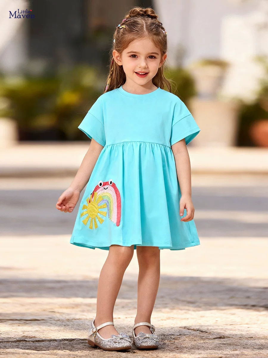 Girls' Cute Rainbow Short-Sleeve Dress, Summer Cotton Kids' Dress