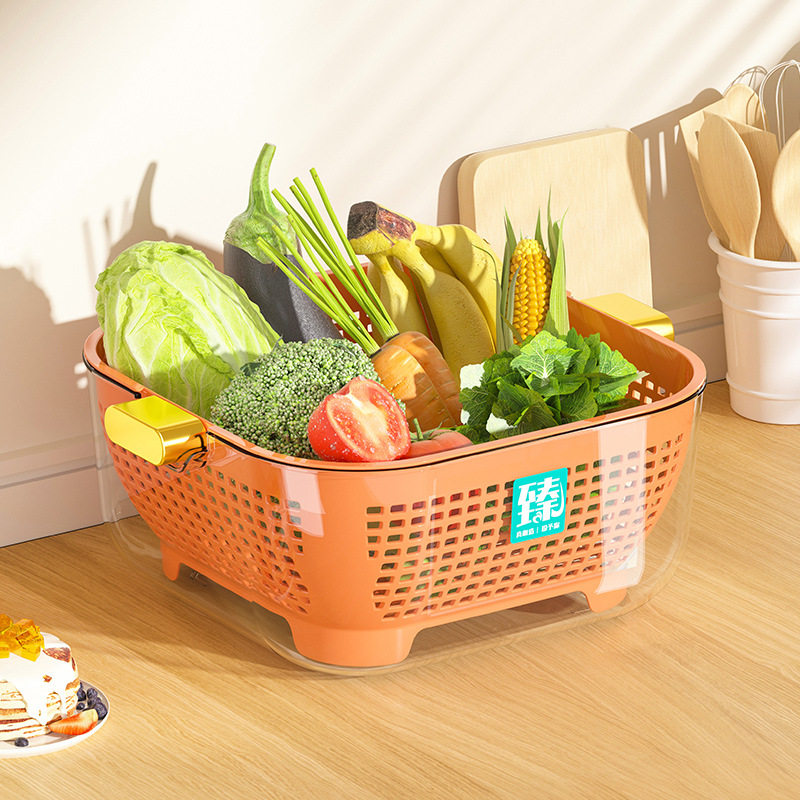 Printable Label Trendy Fruit and Vegetable Washing Basin Multifunctional Double-Layer Draining Basin Thickened Pet Kitchen Draining Basket