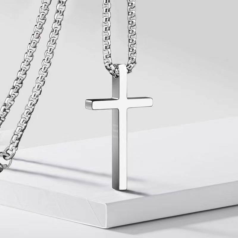 Cross-border European and American New Titanium Steel Cross Necklace Men's Trendy All-match Stainless Steel Cross Pendant Woolen Chain Accessories