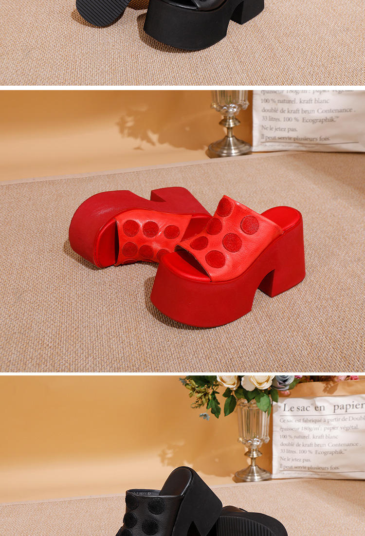 Dép sandal nữ da bò thật đế dày gót cao phong cách tối giản — Màu đen, Màu đỏ