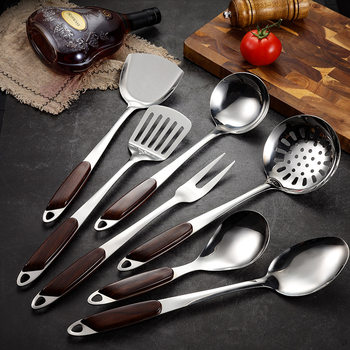 Stainless steel spatula wood grain handle household porridge spoon Colander frying shovel tongue Spoon meat fork rice spoon Kitchen 7-piece set