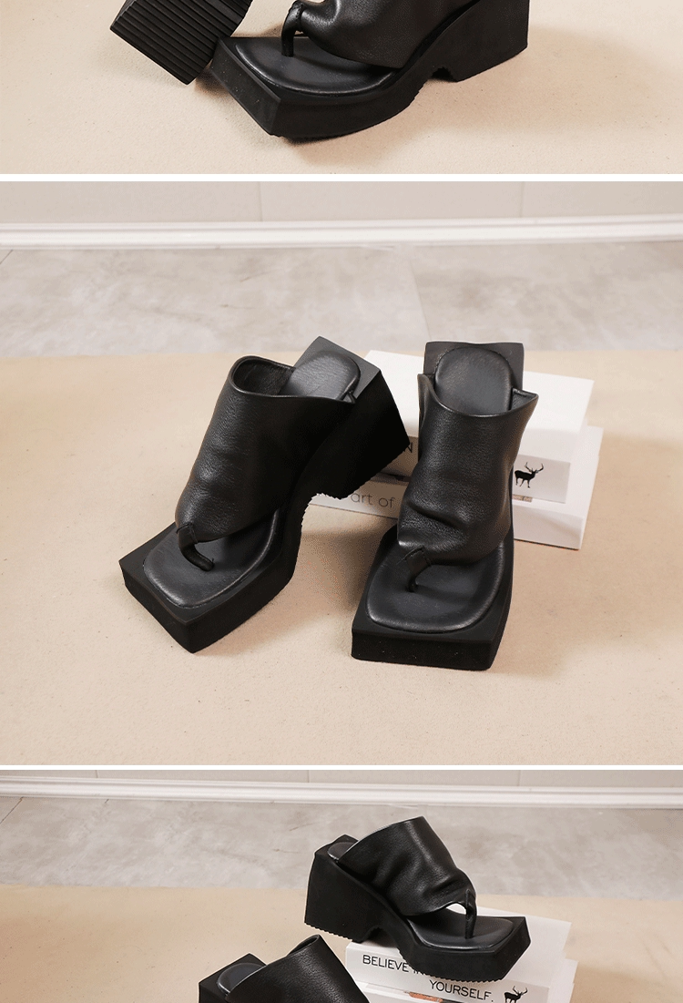 Dép xỏ ngón nữ da bò thật đế cao gót 8cm phong cách cổ điển — Màu đen