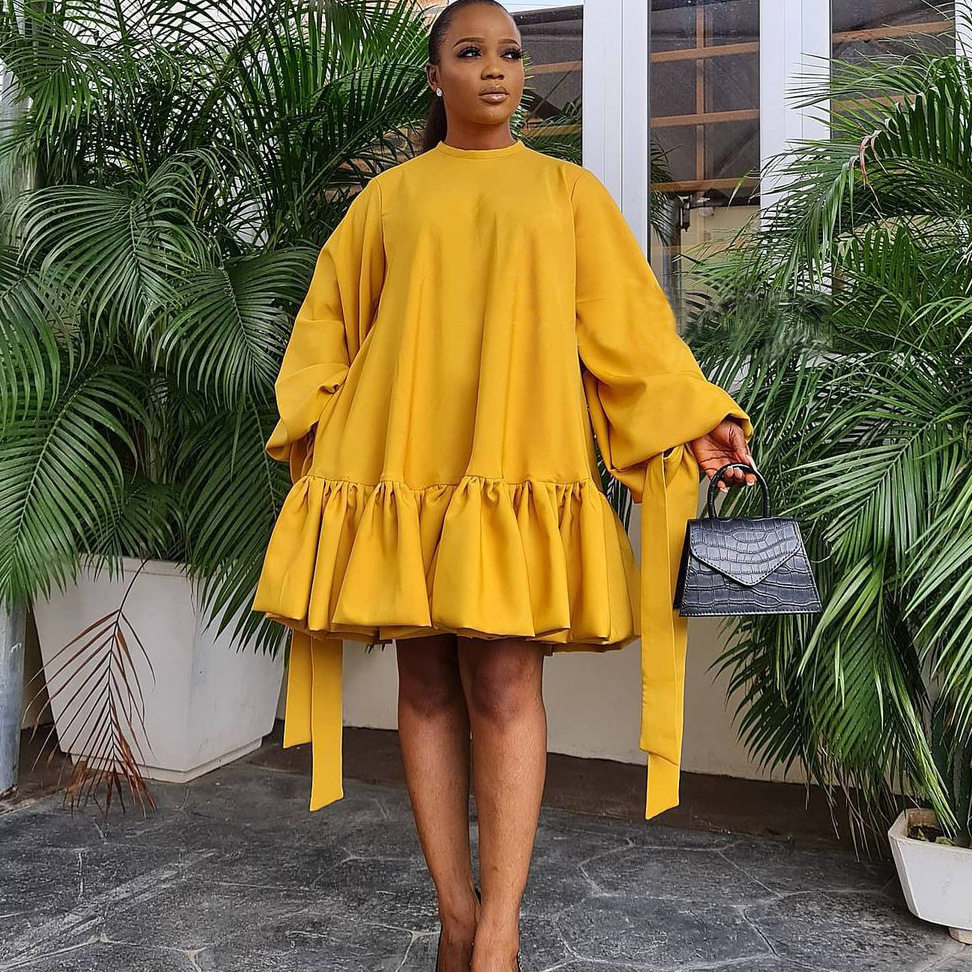Loose Fit Solid Color Puff Sleeve Dress Plus Size Autumn Style Comfortable Fabric Wholesale Availability