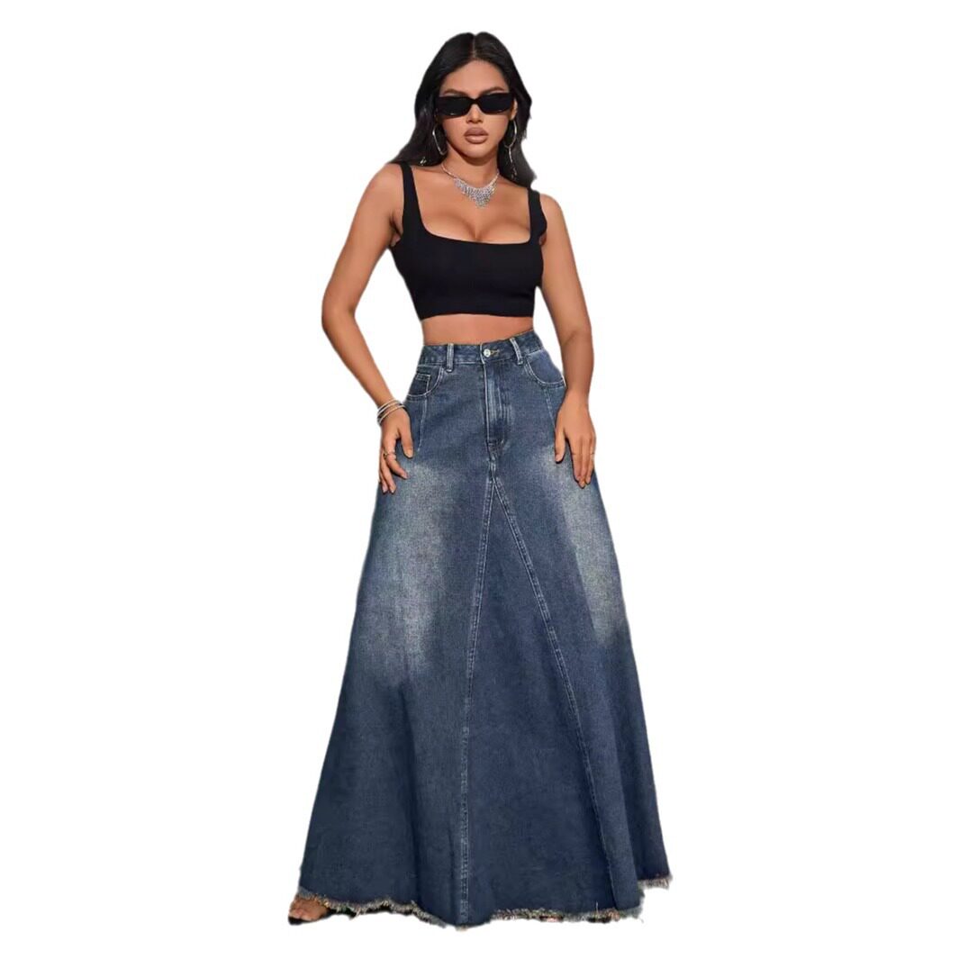 Vintage Washed Denim Maxi Skirt Versatile Comfortable Stylish Perfect for Casual Outings Wholesale Available