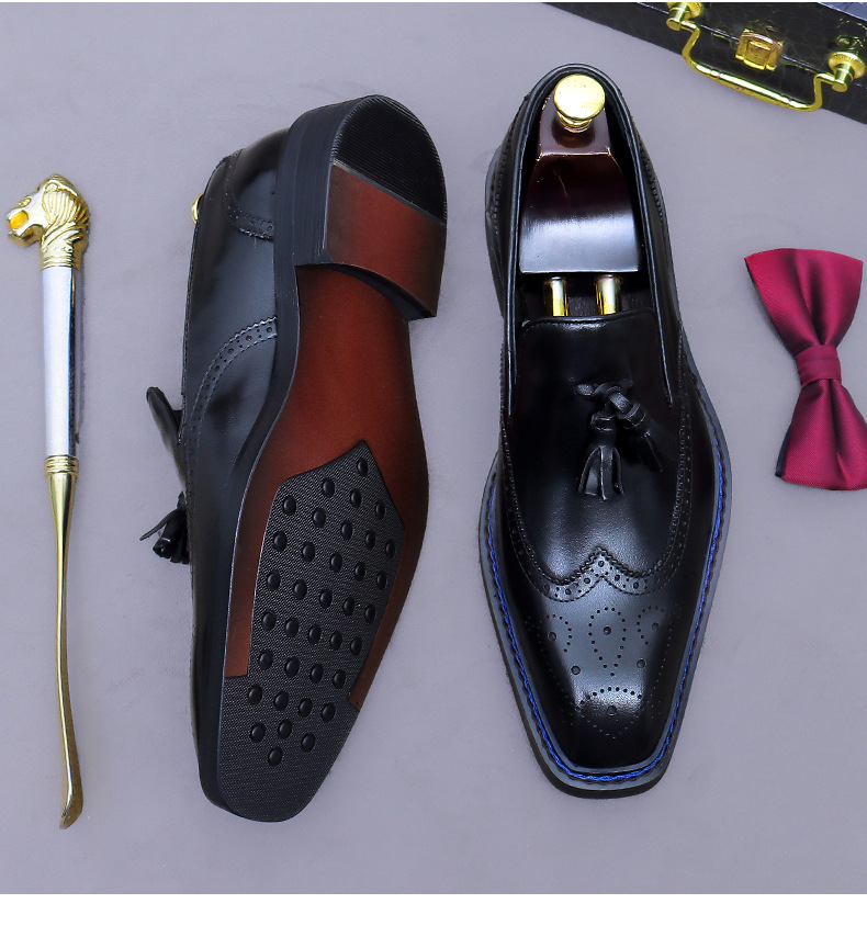 Giày da nam da bò thật chạm khắc brogue cổ thấp kiểu lười có tua rua — Màu nâu (cạnh xanh), Màu nâu (viền đen), đen (cạnh xanh), đen (viền đen)