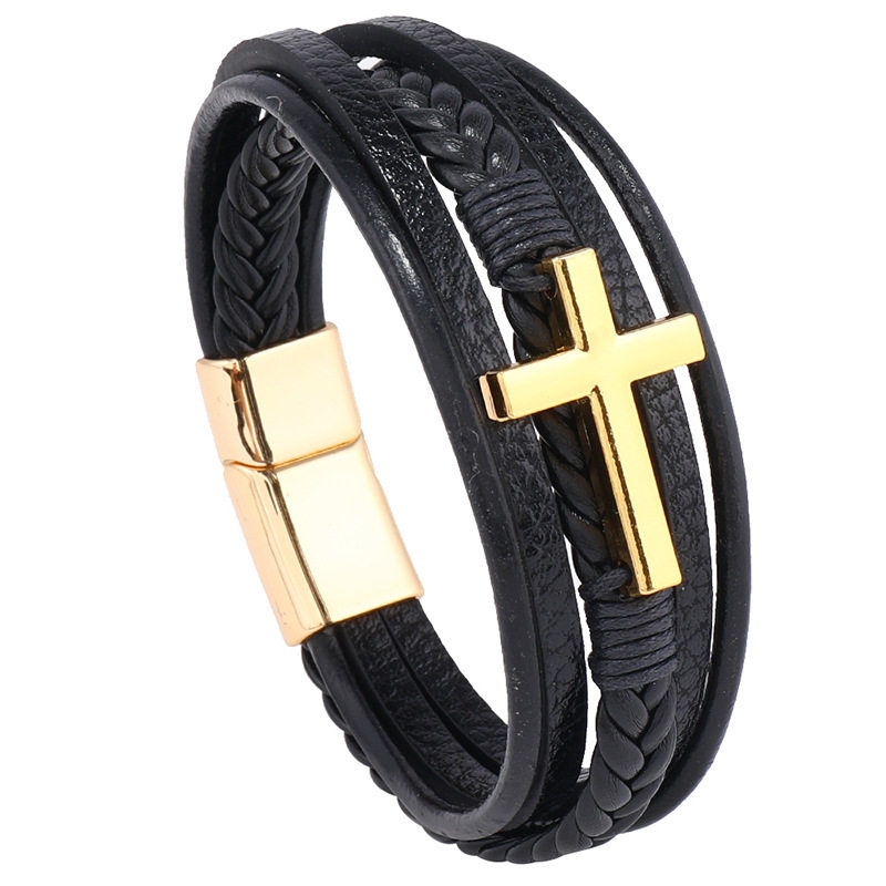 Europe and the United States hot new cross vintage leather bracelet men's multi-layer hand woven rope magnet buckle PU bracelet