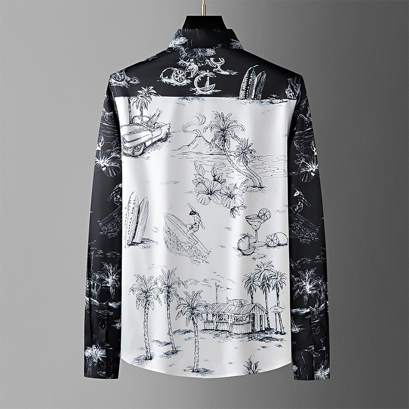 Áo sơ mi nam dài tay họa tiết cây in kỹ thuật số, vải polyester không ủi — Màu sắc hình ảnh, Giá bán đại lý không được nhỏ hơn 208