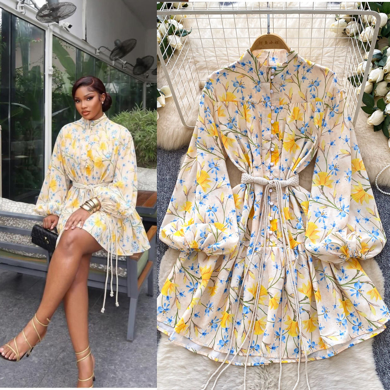 Vintage French Style Blue Floral Long Sleeve Dress Stand Collar Tie Waist Slim Fit A Line Elegant for Spring and