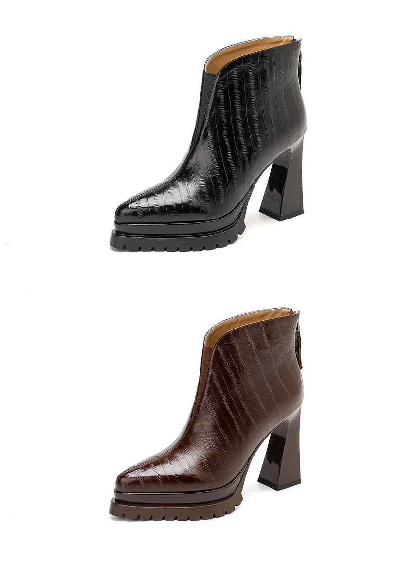 Boot nữ cổ thấp mũi nhọn gót thô đế dày da bò khoá kéo phía sau — Lớp lót đơn màu đen, Lớp lót đơn màu nâu, Lót nhung đen, Lót nhung màu nâu