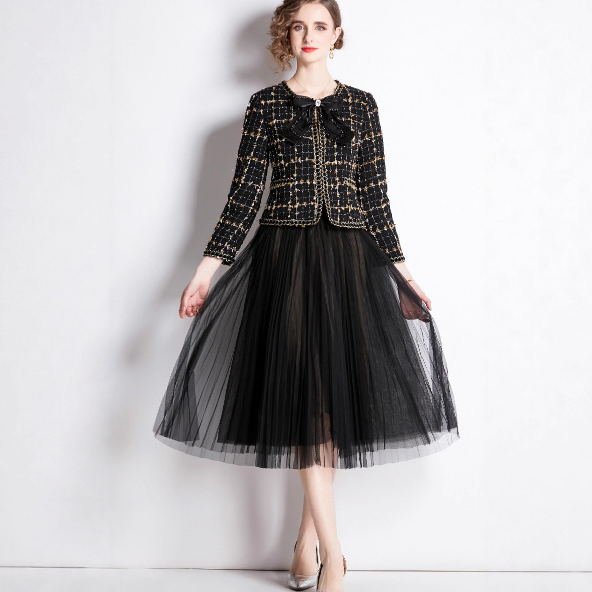 Embroidered Boucle Round Neck Jacket with Bow Top Mesh Midi Skirt Set Elegant Sweet Style for Parties Wholesale