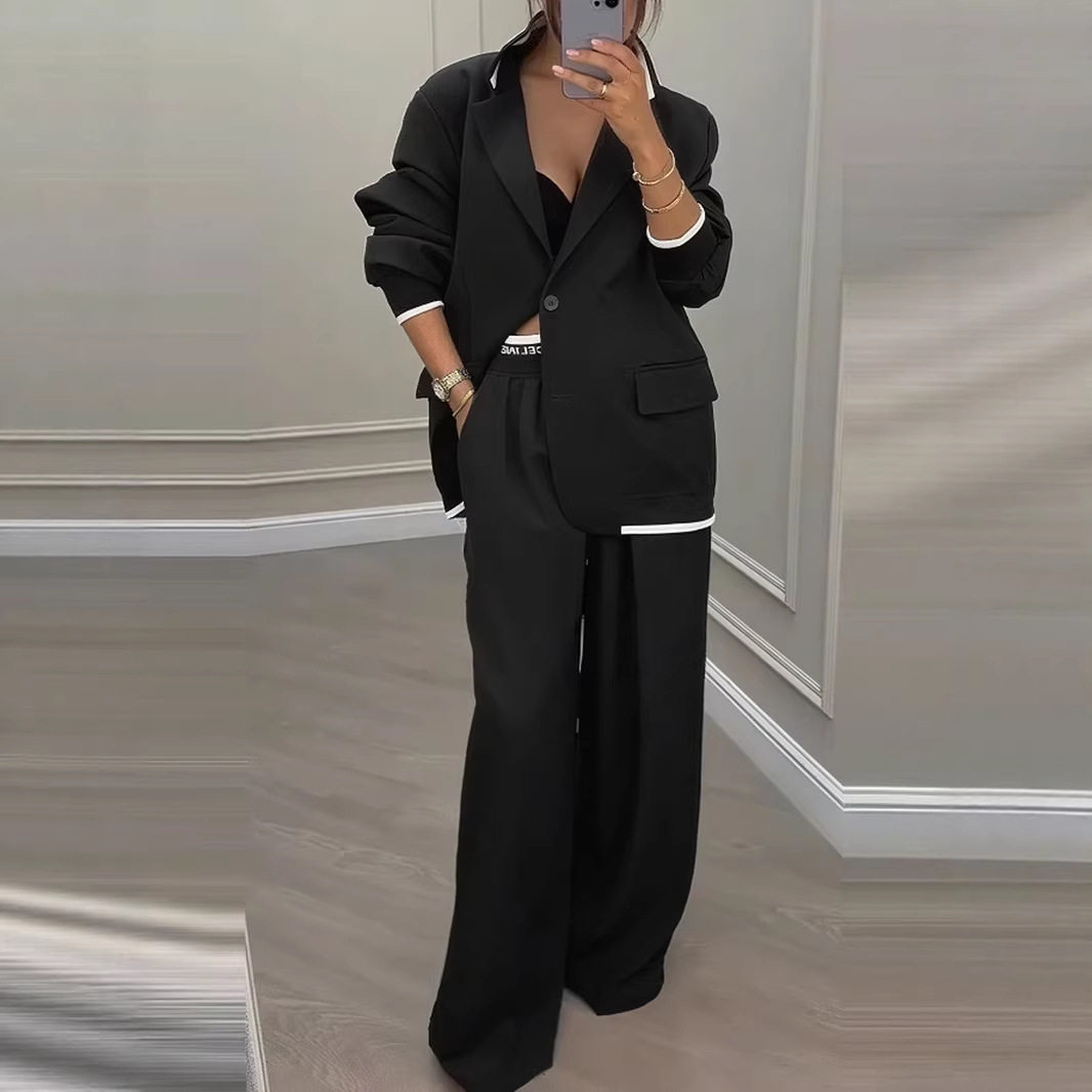 Womens Suit Set Elegant Long Sleeve Jacket Relaxed Wide Leg Pants Fall Winter Fashion Wholesale Available