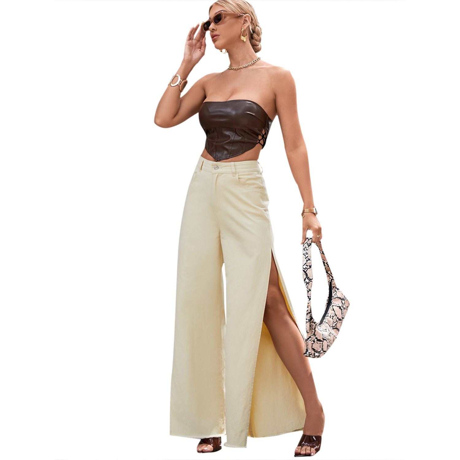 High Waisted Wide Leg Jeans Sexy Split Design Trendy Style Slim Fit Casual Wear for Women Wholesale Available