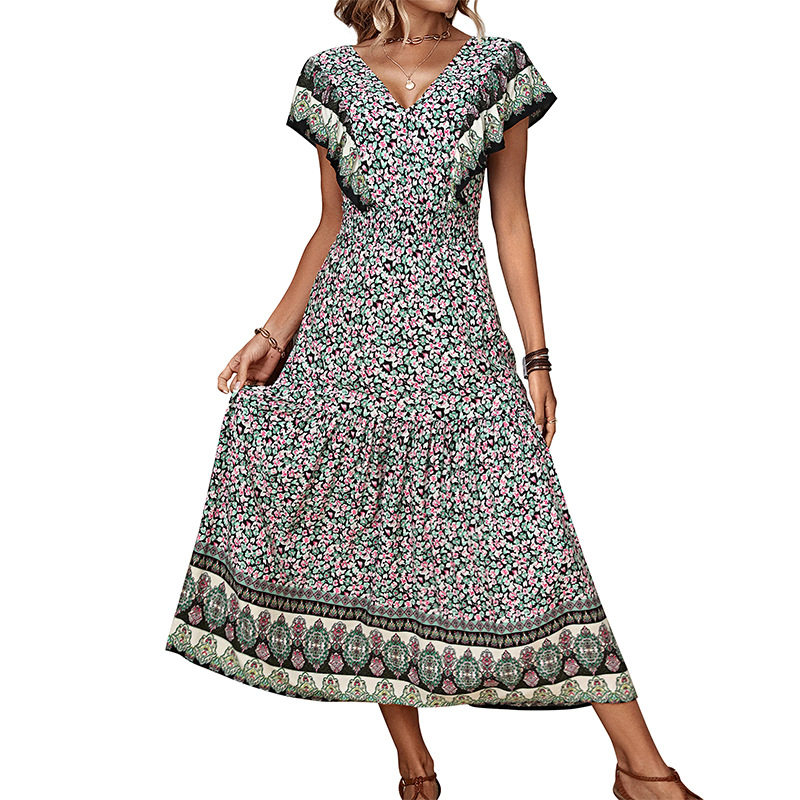 Vintage Bohemian Ruffle Hem V Neck Printed Dress Elegant Design Comfortable Fabric Perfect for Summer Events