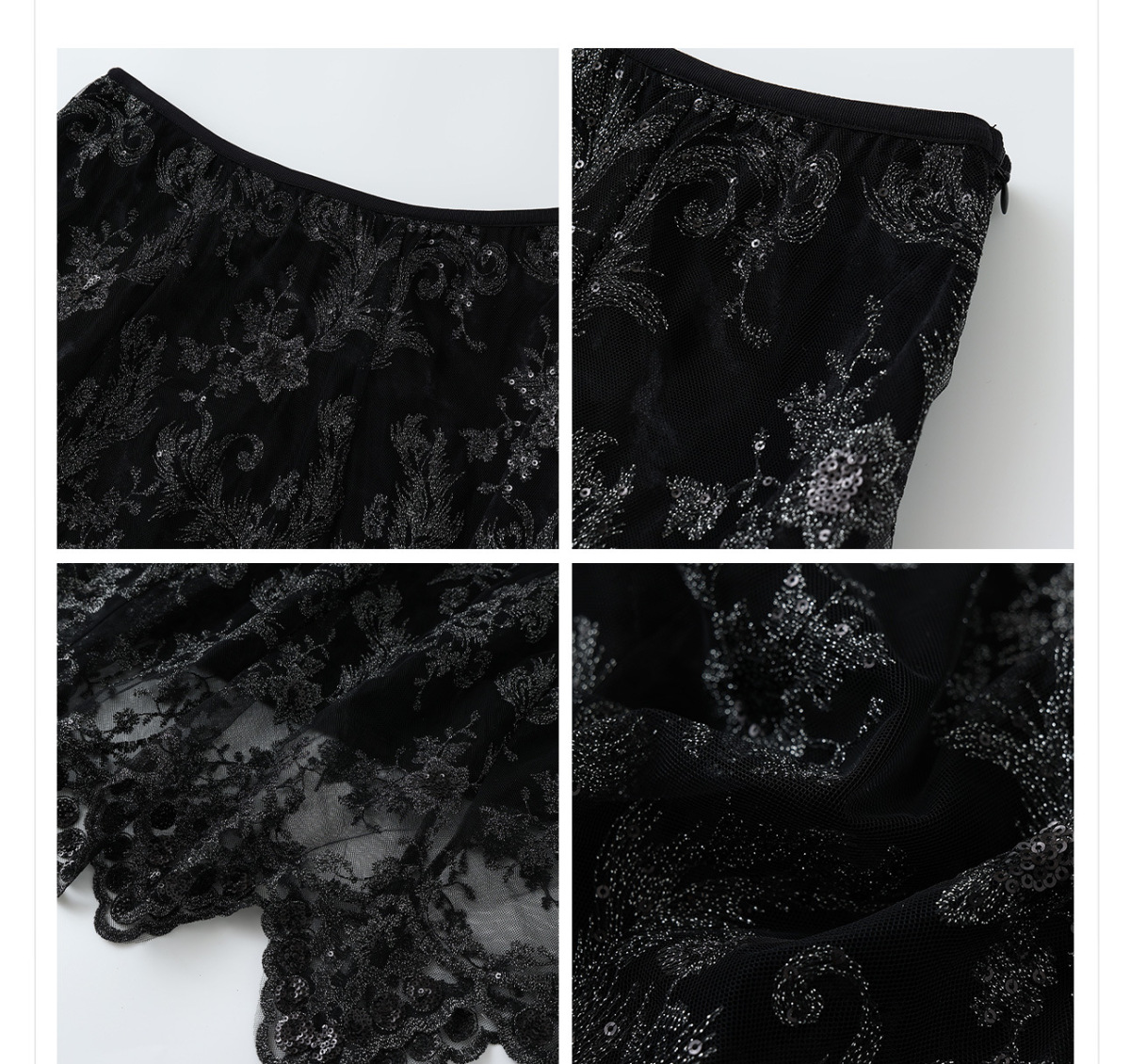 Chân váy dài xòe nhiều tầng thêu sequin nhung dệt hoa — Đen tuyền, Mễ Hạnh, Xám bạc