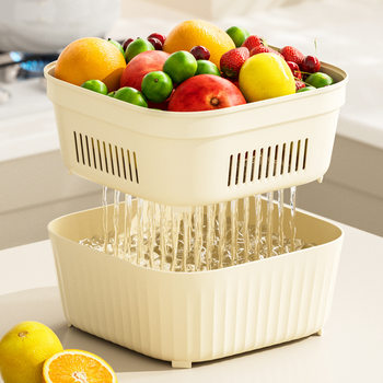 Thickened Double-Layer Vegetable Washing Basin with Draining Basket for Kitchen Use, Household Fruit Washing Basin, Desktop Dry and Wet Separation Bin, Miscellaneous Waste Bucket, Tea Residue Basket