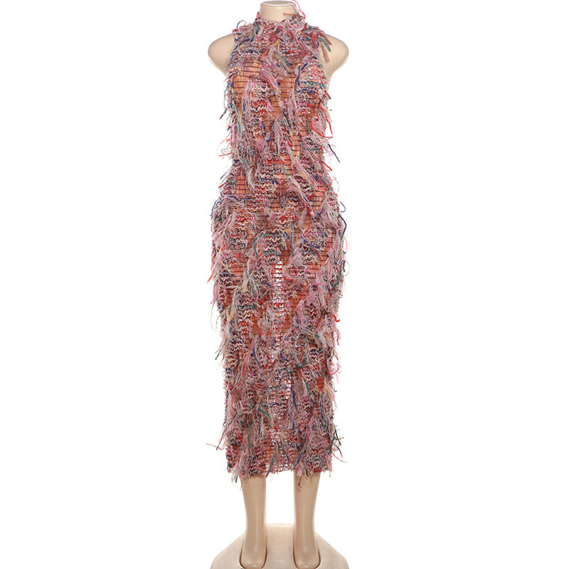 Womens Color Block Fringe Sleeveless Dress Slim Fit High Neck Trendy Style Perfect for Autumn Events Wholesale