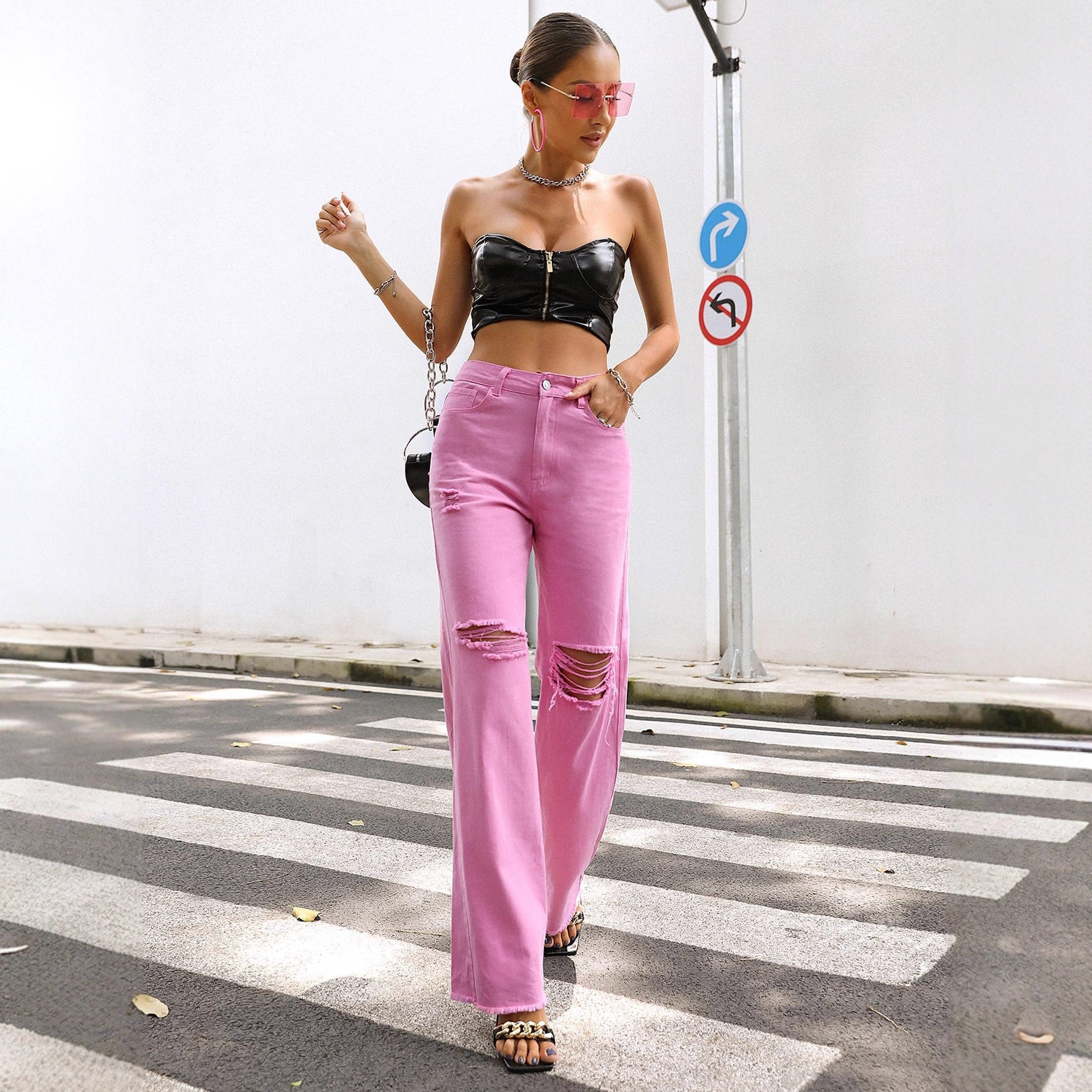 Fashionable Distressed Wide Leg Pants Loose Fit Straight Cut Spring Summer Style Wholesale Availability