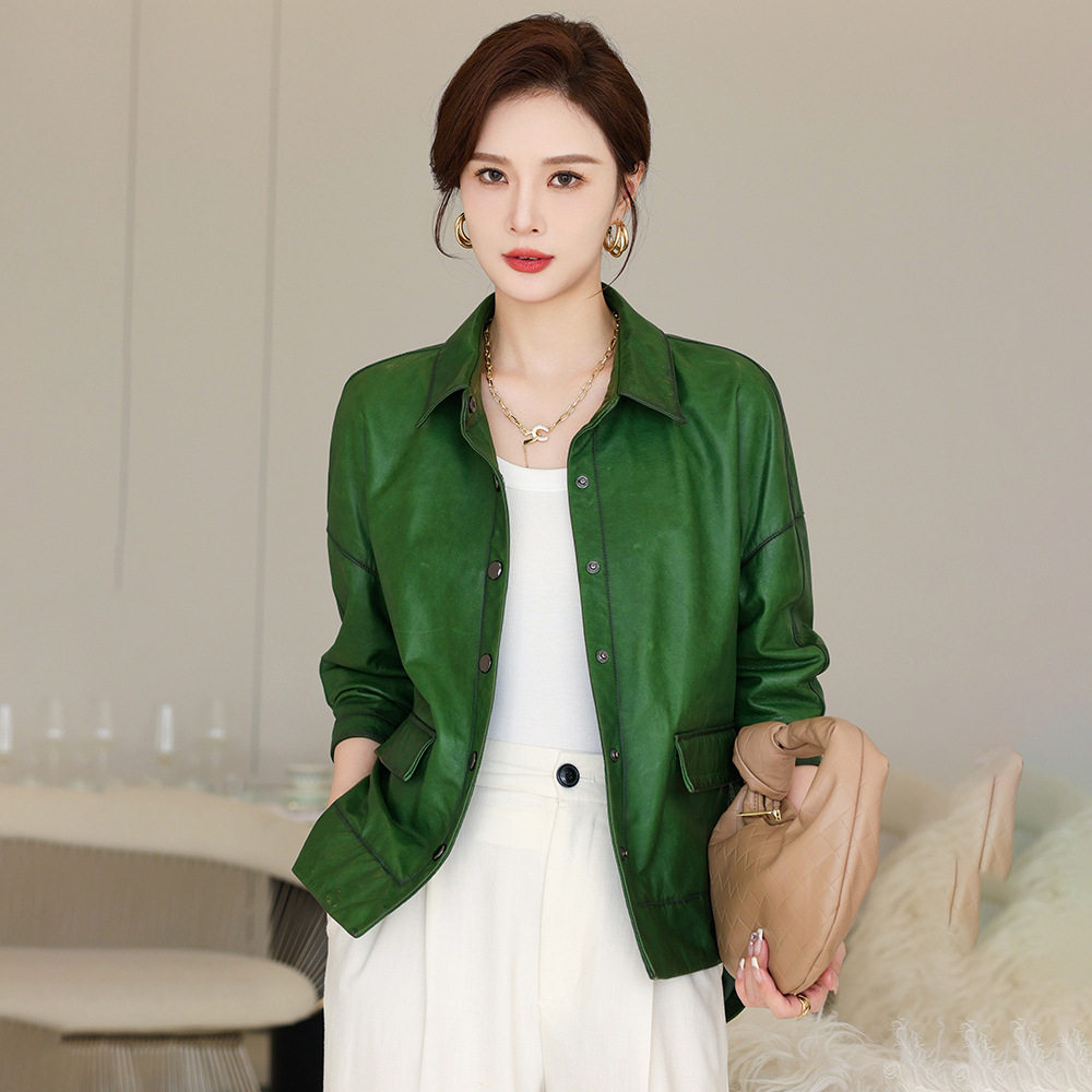 Áo Khoác Da Cừu Nữ Da Thật Dáng Rộng Phong Cách Casual Màu Xanh Lá
