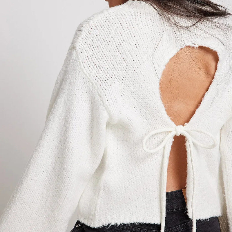 Knit Sweater Round Neck Long Sleeve Sexy Backless Tie Design Short Style Casual Wear for Autumn and Winter
