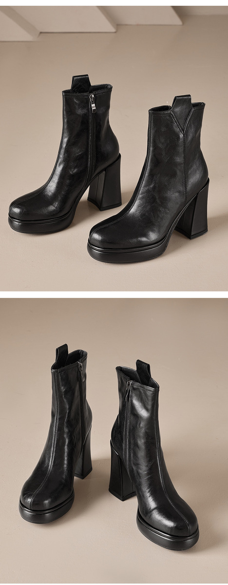 Boot nữ cổ thấp gót thô 10cm khoá kéo bên hông, da bò vân mềm phong cách Anh — Lớp lót đơn màu đen, Lớp lót đơn màu nâu, Lót nhung đen, Lót nhung màu nâu