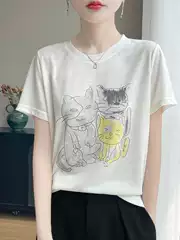 Korean Style Casual Youthful Cartoon Cat Print Crew Neck Short Sleeve Women's 2026 Summer Lightweight Loose Fit Basic Tee Top