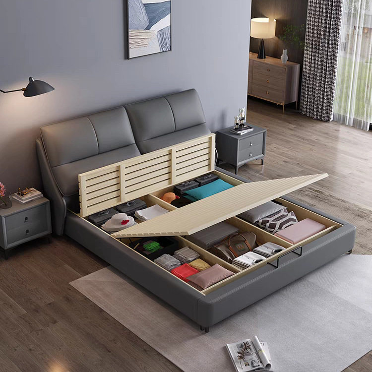 2025 New Model Genuine Leather Bed Master Bedroom Large Bed Modern Simple Small Apartment Double Bed 1.8m Soft Leather Art Storage Bed