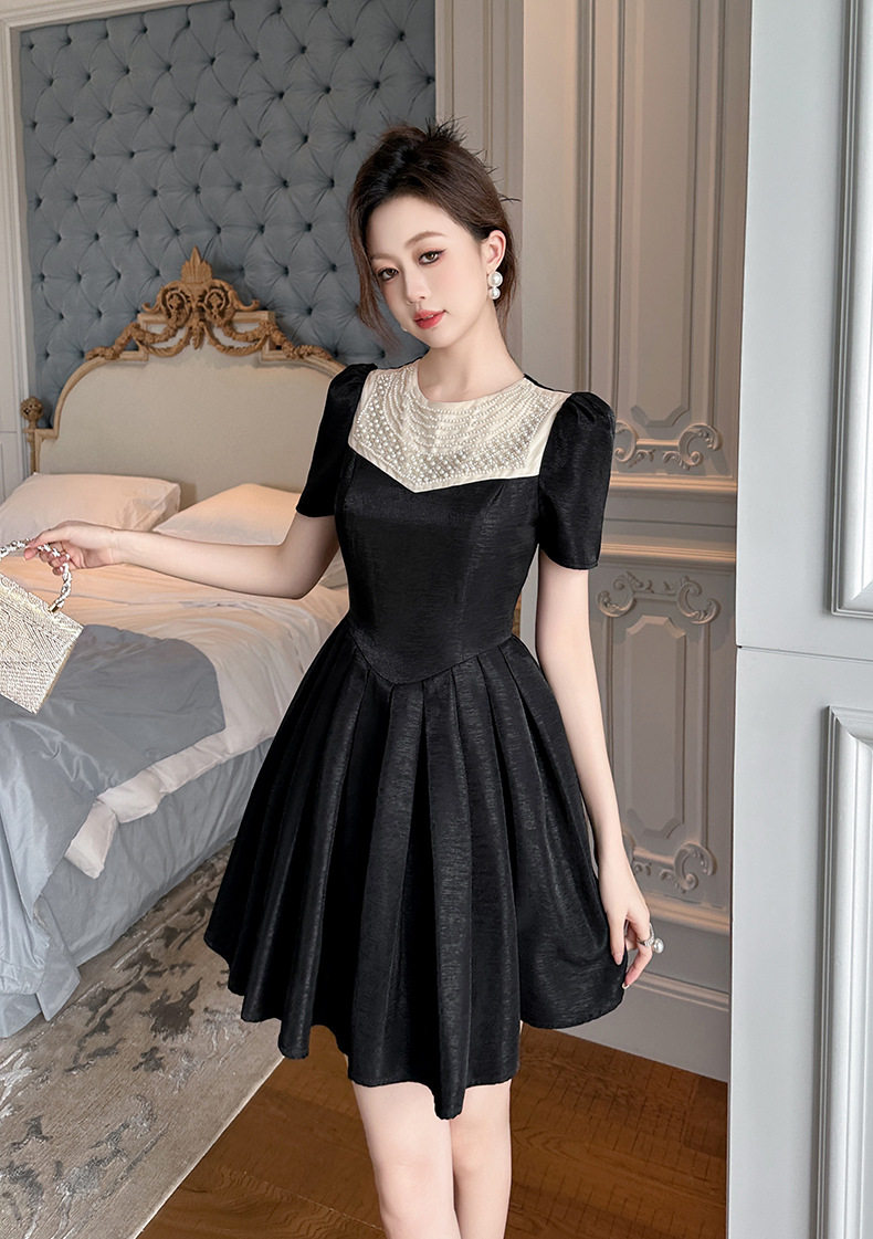 Đầm ôm body nữ cổ tròn tay ngắn eo cao phong cách Pháp — [Đen trứng cá] chi tiết 7