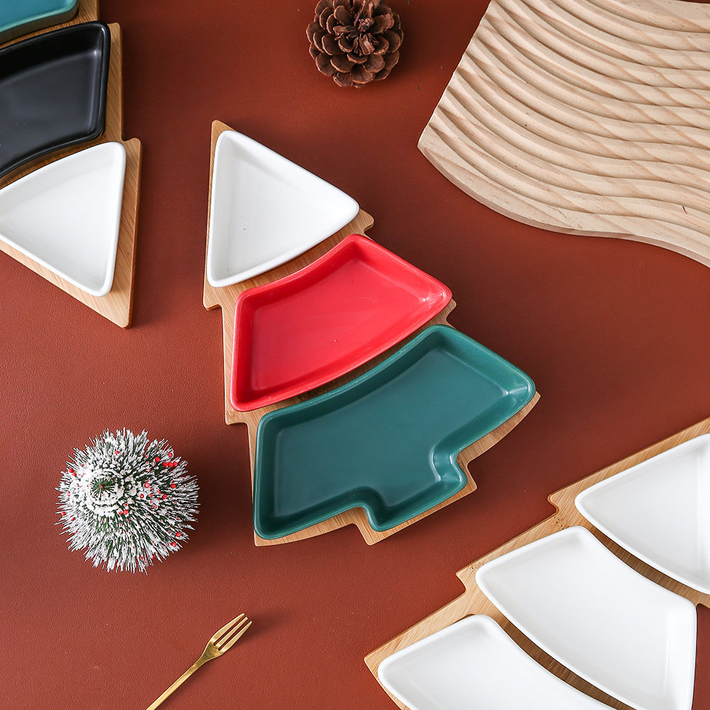 Creative Christmas tree ceramic snack plate with bamboo plate Christmas tree-shaped plate dessert fruit plate candy plate cross-border exclusive
