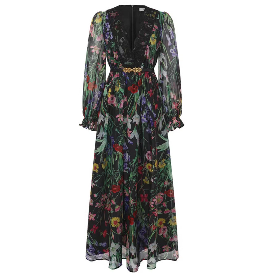 French Vacation Style Sweet Floral Patchwork Lace V Neck Dress Slim Fit Mid Length Spring Autumn Wholesale Available
