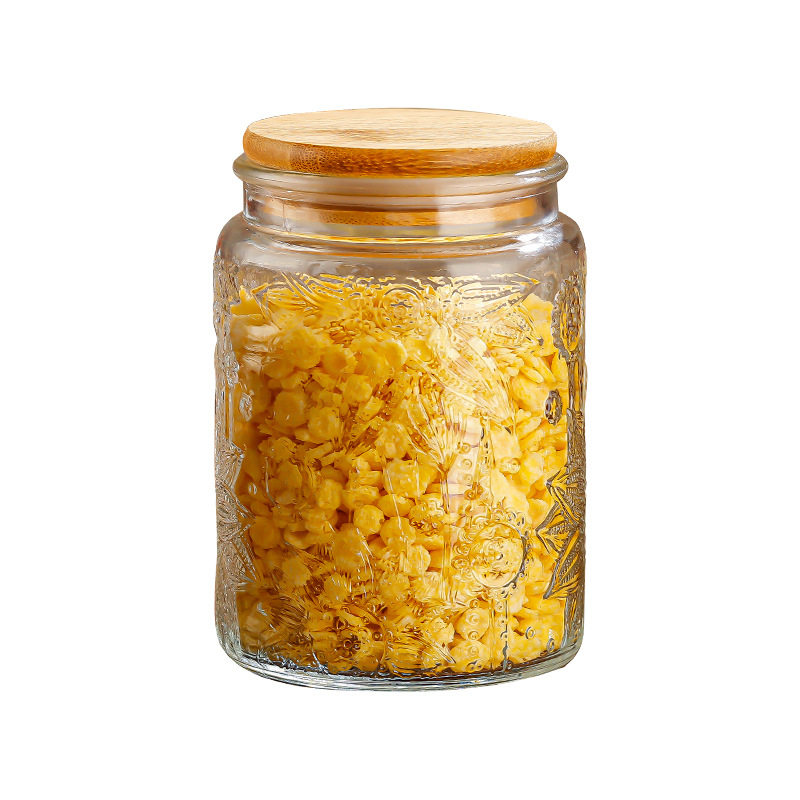 Wooden Lid Antique Embossed Glass Sealed Jar Bamboo Lid Vintage Kitchen Storage Jar Household Seasoning Storage Jar