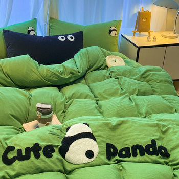 2026 New Bedding Four-Piece Set Washed Cotton Towel Embroidery Bed Sheet Fitted Sheet Duvet Cover 4-Piece Bed Three-Piece Set Student Dormitory