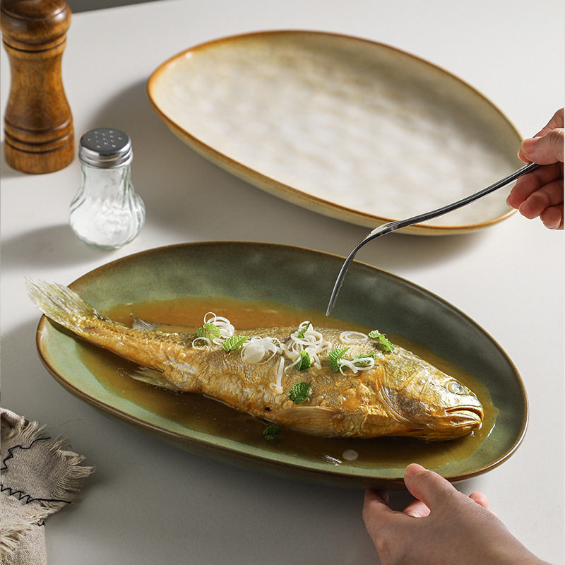Japanese-style stoneware fish plate tableware ceramic plate vintage dinner plate dish salad plate pasta plate oval cold dish