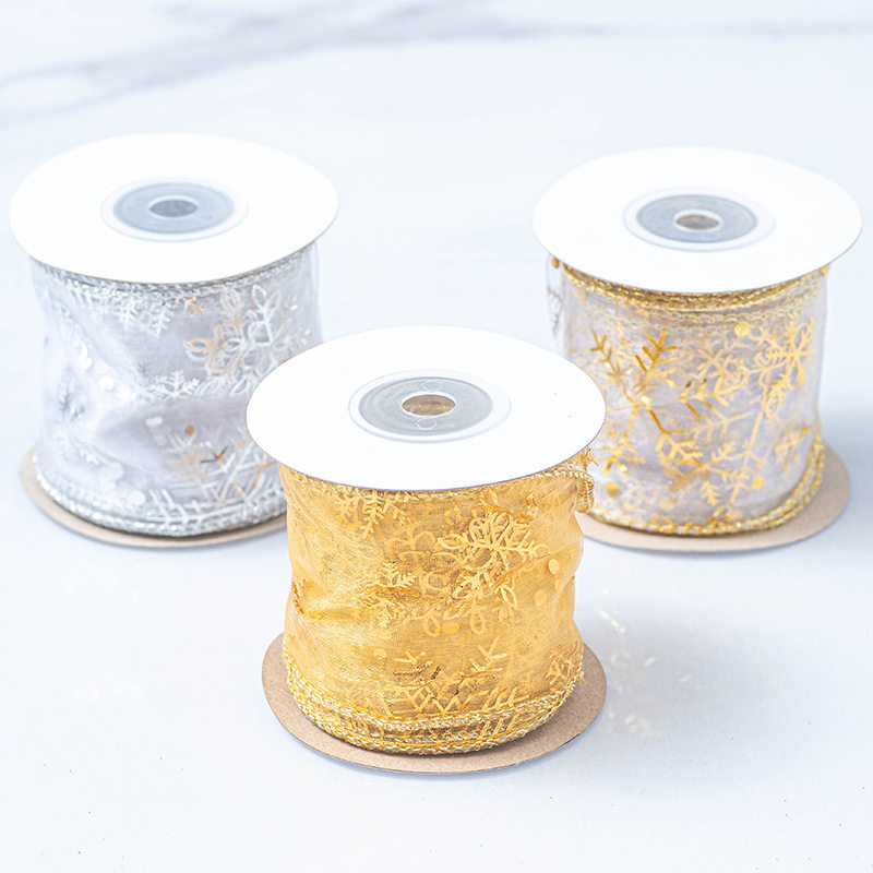 Gilding snow yarn with curved edge iron wire snowflake organza Christmas Decoration ribbon powder silver ribbon bow material
