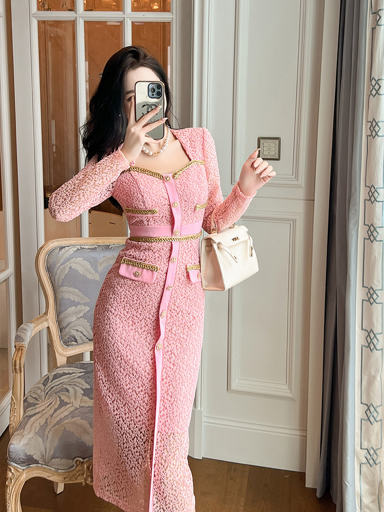 Đầm ren nữ cổ vuông dài tay phối dây xích ôm body thanh lịch — Hoa Anh Đào