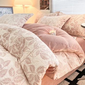 Thickened Milk Velvet Four-piece Winter Warm Coral Velvet Bedding Double-sided fleece-lined Flannel Duvet Cover Bed Sheet