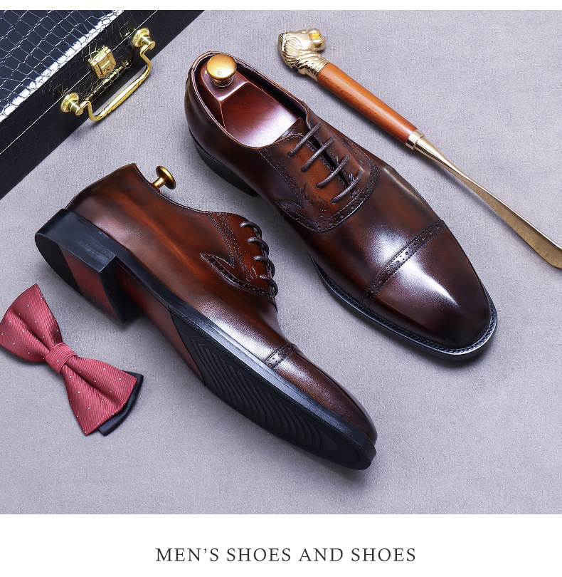 Giày Oxford nam da bò thật buộc dây mũi nhọn chạm khắc — Màu đen, Màu cà phê