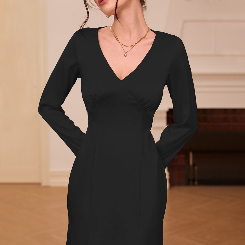 French V Neck Satin Maxi Dress High Waist Slim Fit Elegant Style Perfect for Autumn and Winter Wholesale Available
