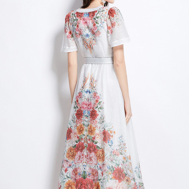 French Style Womens Dress Elegant Deep V Neck Single Breasted Flutter Sleeves Waist Cinching Floral Print
