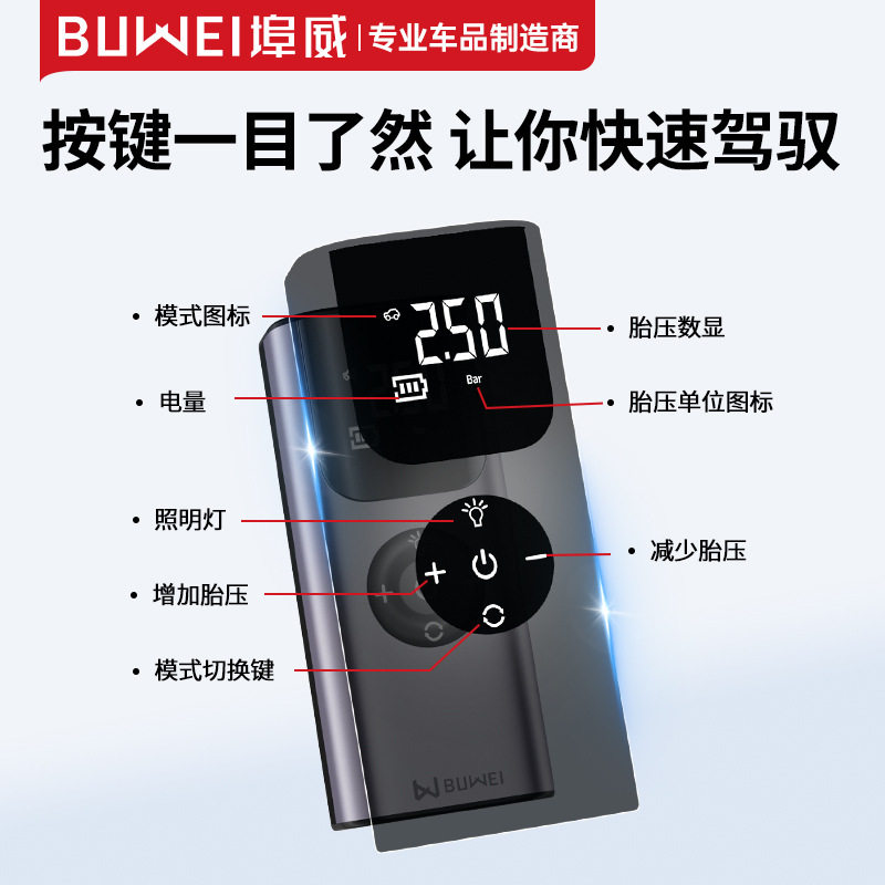 [Qs002]Buwei Car Air Pump Portable Wireless Car Inflator Electric Automatic Tire Inflator for Small Cars