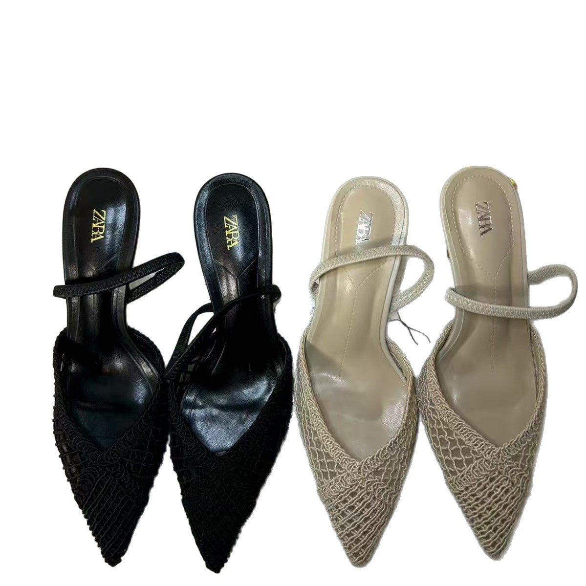 Za2025 New Summer Women's Shoes Pointed Toe Braided Breathable Flats Bottom One-Line Toe Women's Sandals Low Heel Back Strap