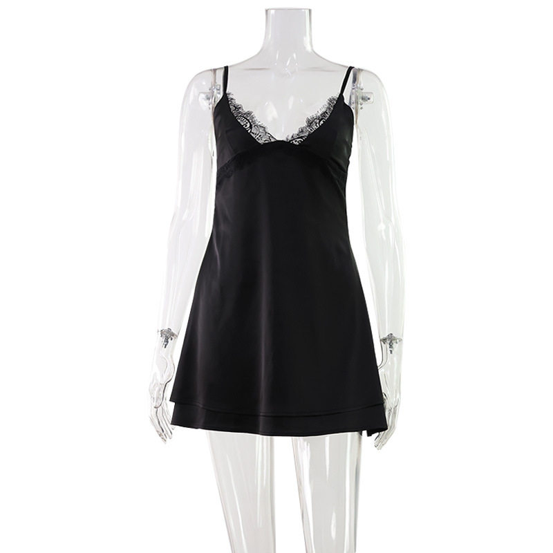V Neck Lace Trim Satin Cami Dress Sexy Soft Fabric Short Length Homewear or Sleepwear Wholesale Available