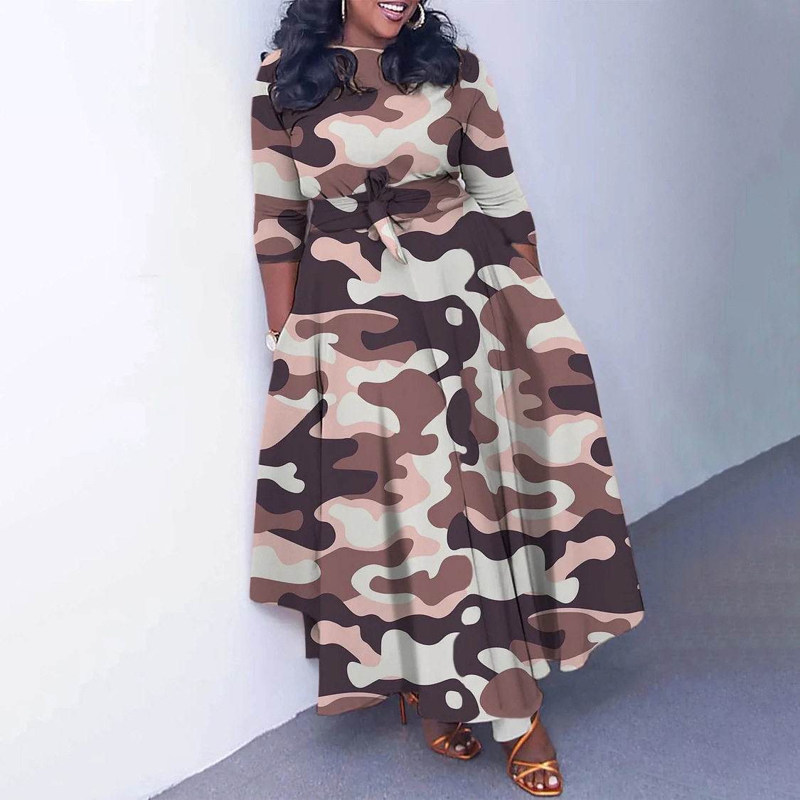 Plus Size African Print Midi Dress Stylish Tie Design Elegant Floral Pattern Spring Fashion Wholesale Available
