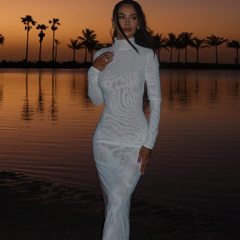 Elegant Backless Tie Back Bodycon Dress Long Sleeve Stand Collar Slim Fit Perfect for Parties and Formal Events