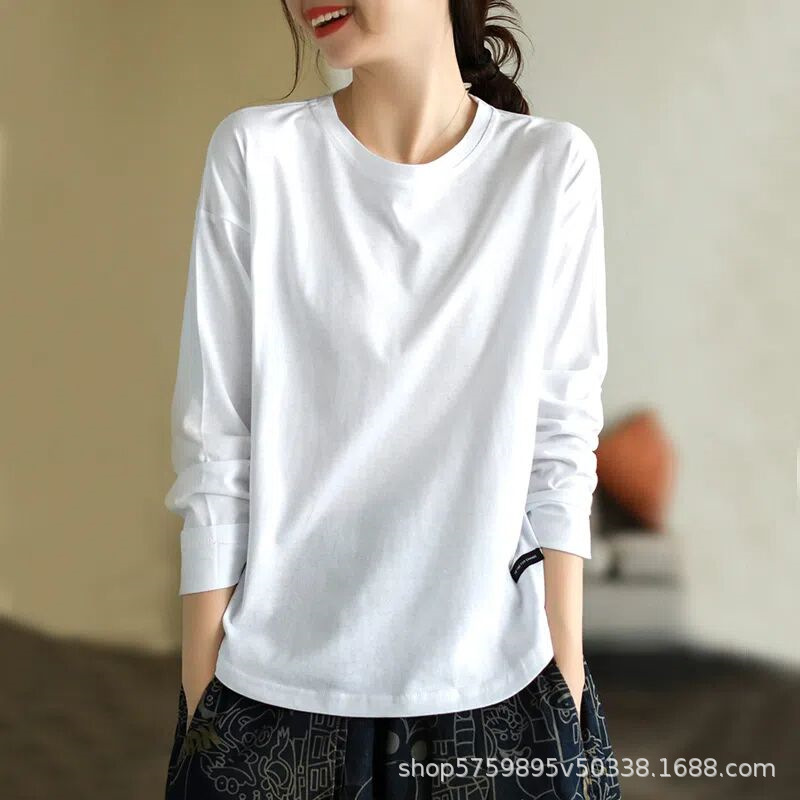 复古文艺纯色早秋打底衫女2025新款圆领百搭长袖t恤女士上衣